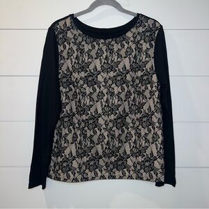 CHICO'S Casual Knit Top Long Sleeve Black Beige Lace Front Sz. 2  (L / 12) Chic